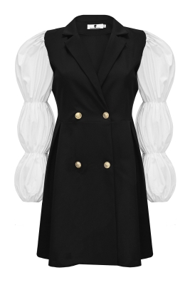 Платье "Мирайн" черное, с бортами и белыми рукавами