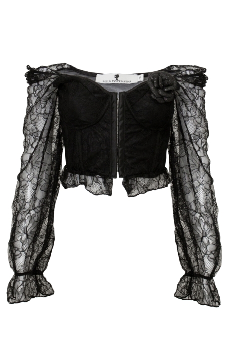 Топ - кроп - корсет "Мейбл" черный,рукава из кружева