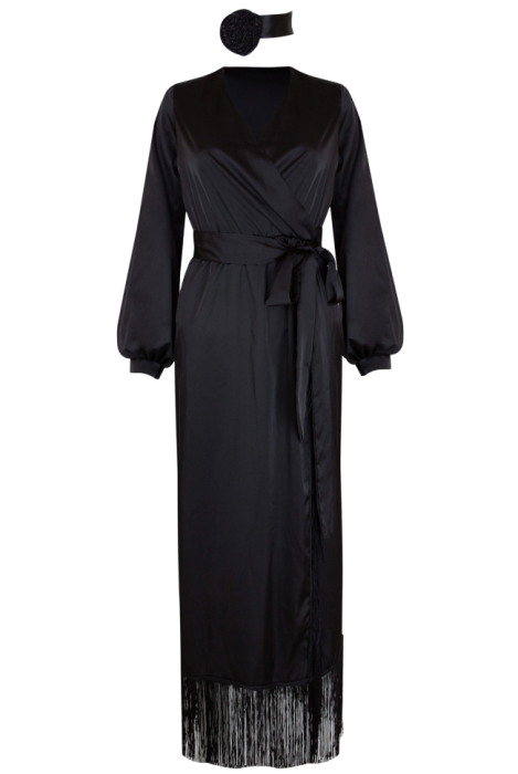 Платье "Руфина", миди, чёрное, атласное с бахрамой, на запах, футляр