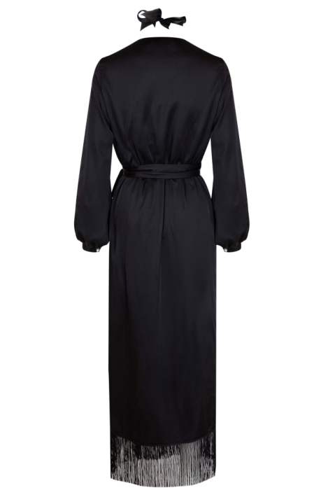 Платье "Руфина", миди, чёрное, атласное с бахрамой, на запах, футляр