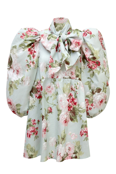 Платье "Лолита" мятно - голубое, цветочный принт, с бантом, мини