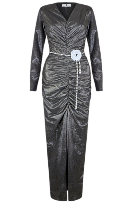 Платье "Тибо", макси, серебристое, люрекс, футляр, драперованное, пояс