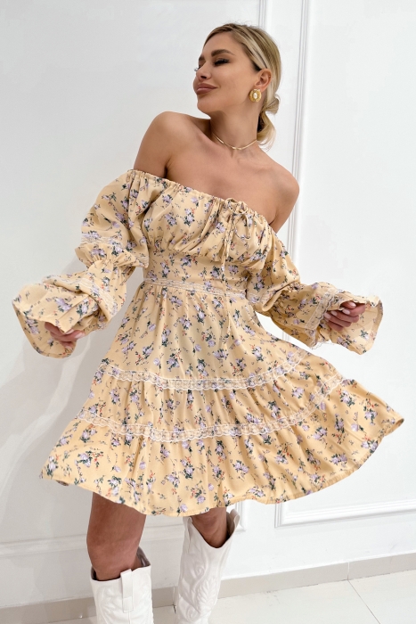 Платье "Венеция" бежевое, цветочный принт, с кружевом