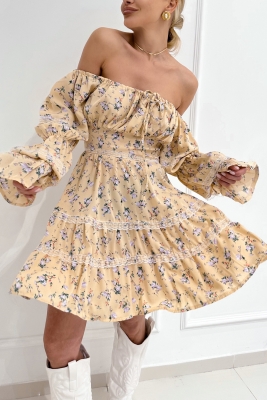 Платье "Венеция" бежевое, цветочный принт, с кружевом