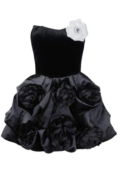 Платье-пачка "Роузетт", мини, чёрное,бархат, атлас, с объёмными цветами