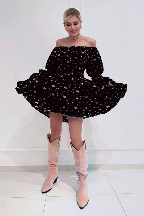 Платье "Венеция" черное, цветочный голубой принт, с кружевом