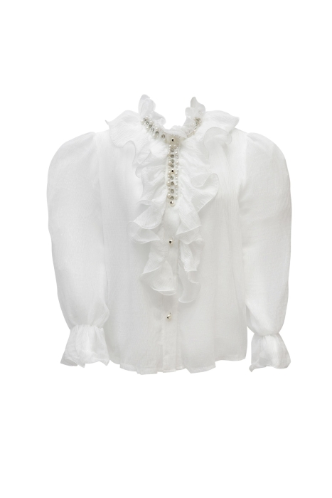 Блуза "Линдси" белая, шифон, с жемчугом и стразами-стеклярусом и с воланами
