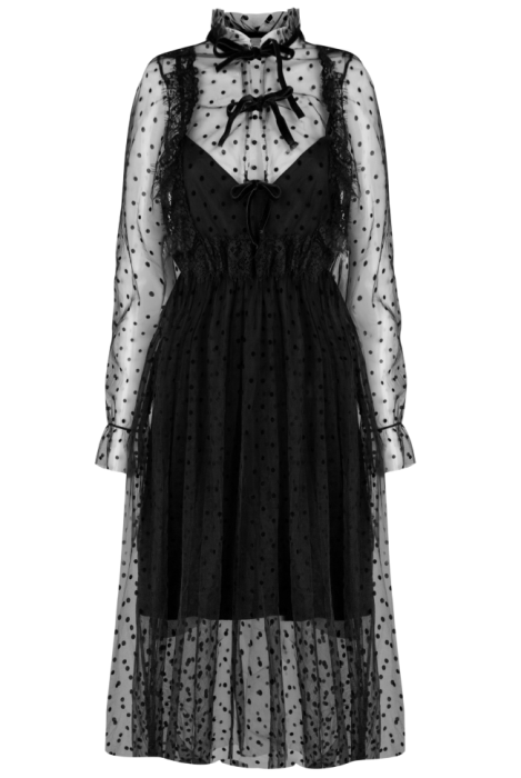 Платье "Молла", черное, фатин в горошек, прозрачное, миди