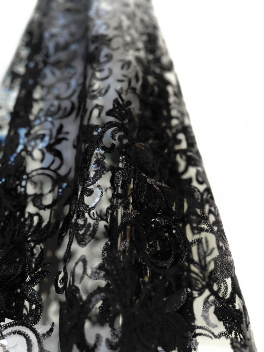 Платье "Дюран", макси, черноё, кружево с пайетками, объёмные рукава + комбинация