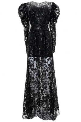 Платье "Дюран", макси, черноё, кружево с пайетками, объёмные рукава + комбинация