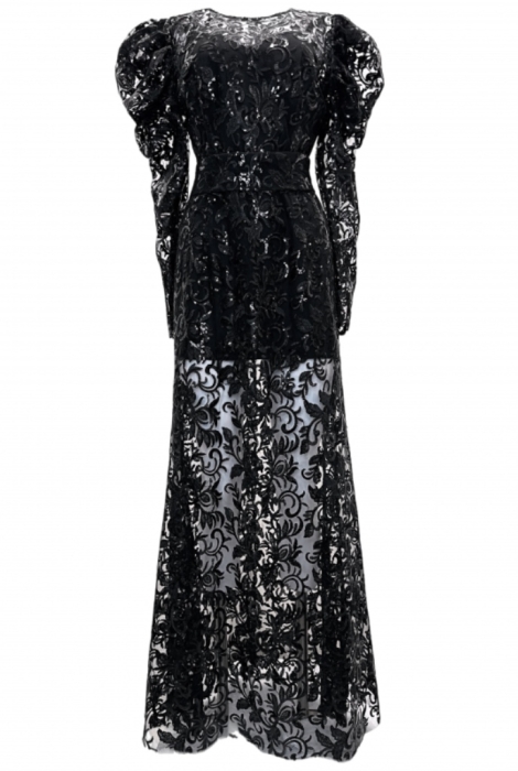Платье "Дюран", макси, черноё, кружево с пайетками, объёмные рукава + комбинация