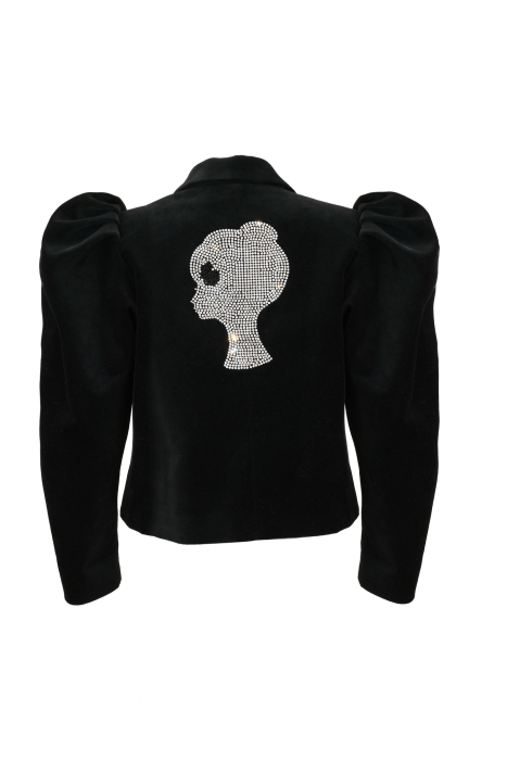 Пиджак - жакет "Даниэль" черный, бархат, укороченный, ЛОГО из страз, кутюр