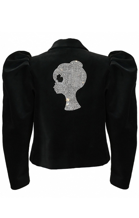 Пиджак - жакет "Даниэль" черный, бархат, укороченный, ЛОГО из страз, кутюр