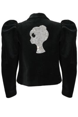 Пиджак - жакет "Даниэль" черный, бархат, укороченный, ЛОГО из страз, кутюр