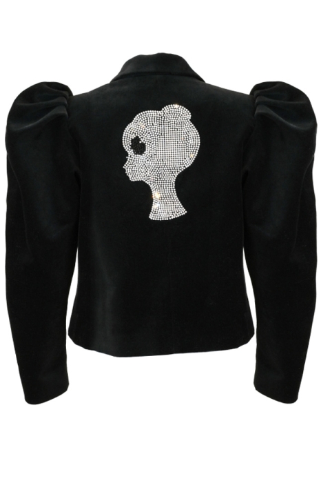 Пиджак - жакет "Даниэль" черный, бархат, укороченный, ЛОГО из страз, кутюр