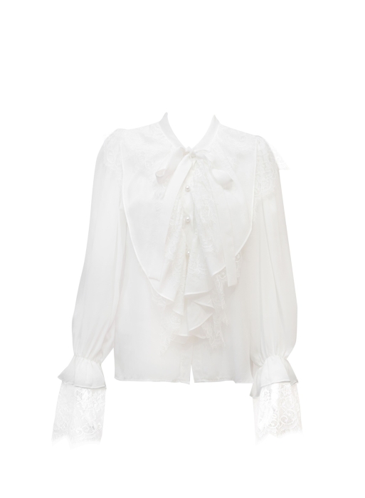 Блуза "Мэридит" белая, шифон, с воланами и кружевом, с бантом
