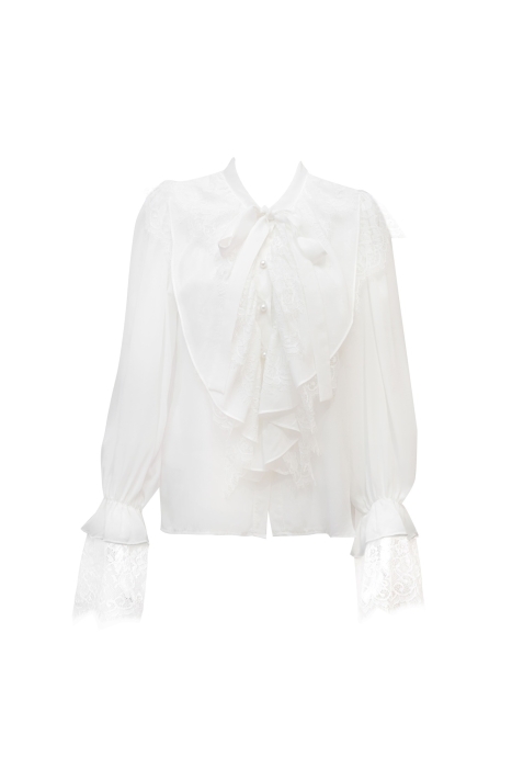 Блуза "Мэридит" белая, шифон, с воланами и кружевом, с бантом