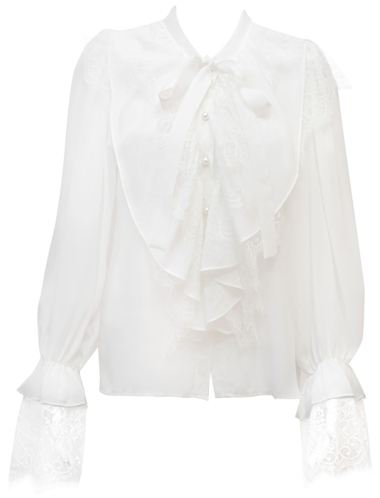 Блуза "Мэридит" белая, шифон, с воланами и кружевом, с бантом