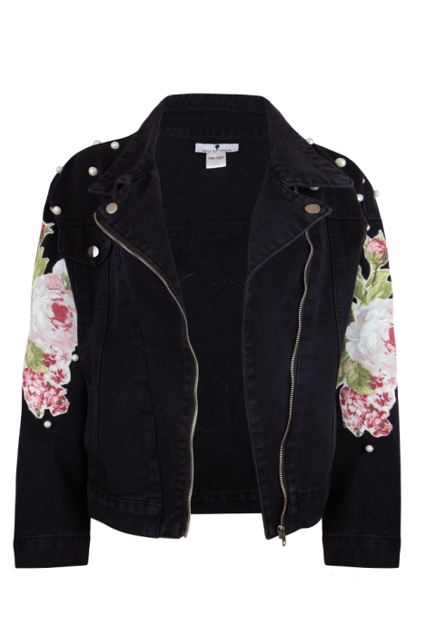 Куртка - косуха "Веста" черная, джинс, на молнии, кутюр, с цветами