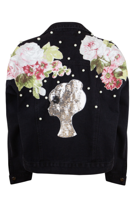 Куртка - косуха "Веста" черная, джинс, на молнии, кутюр, с цветами