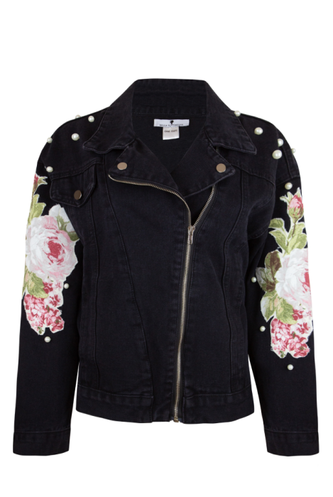 Куртка - косуха "Веста" черная, джинс, на молнии, кутюр, с цветами