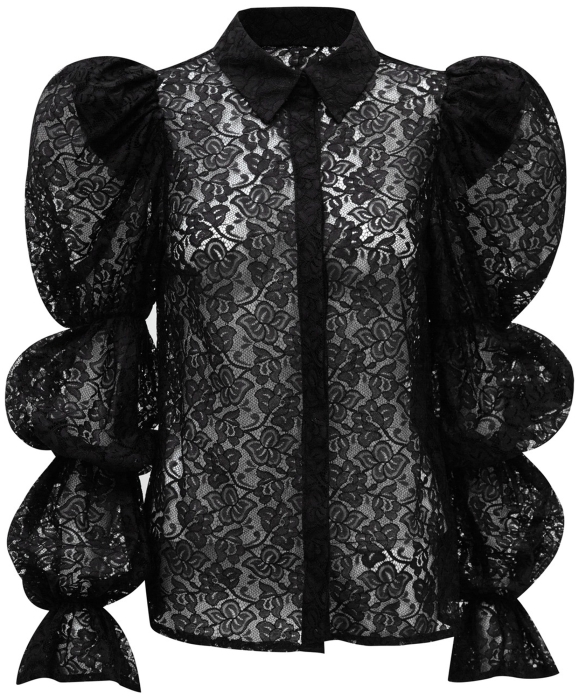 Блуза - рубашка "Арлин" черная, кружево, рукава фонарики