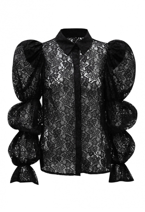 Блуза - рубашка "Арлин" черная, кружево, рукава фонарики