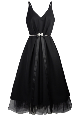 Платье "Нана" черное, атлас, с поясом, миди