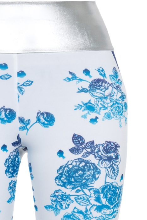 Лосины "Фит" молочные, синий принт с серебром