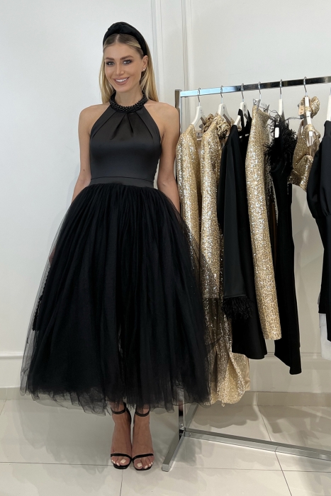 Платье-пачка "Шарлотта" черное, с жемчугом