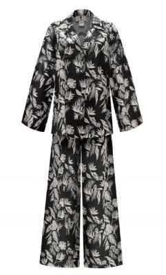 Костюм - пижама "Пальм" черный, шелк, принт папоротник 