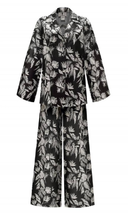 Костюм - пижама "Пальм" черный, шелк, принт папоротник 
