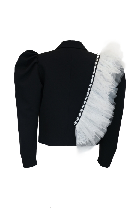 Пиджак - жакет "Даниэль" черный, укороченный, с брошью и декором из белого фатина и кружева