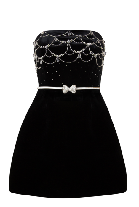 Платье "Жозе", мини, чёрное, бархат, футляр, украшение стразами