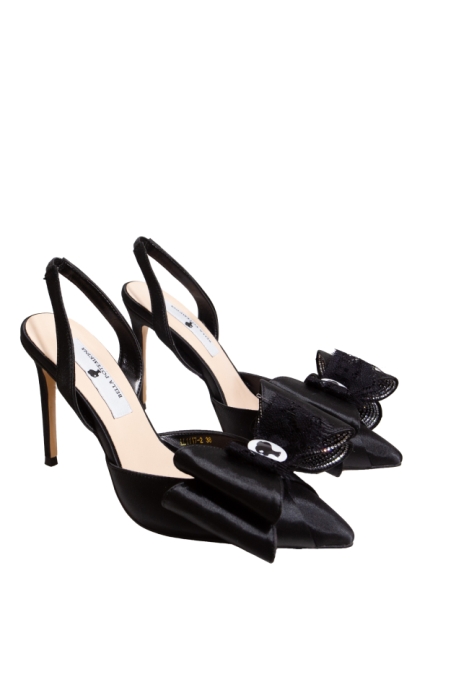 Туфли - босоножки черные, атлас, черный бант с ЛОГО