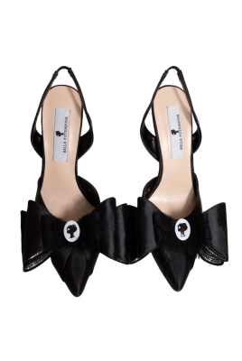 Туфли - босоножки черные, атлас, черный бант с ЛОГО