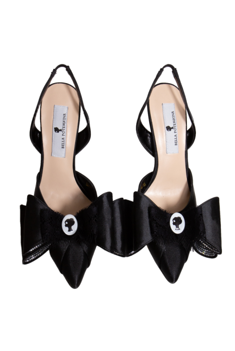 Туфли - босоножки черные, атлас, черный бант с ЛОГО