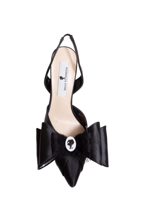 Туфли - босоножки черные, атлас, черный бант с ЛОГО