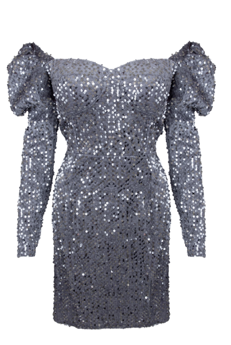 Платье "Джейми" серое, бархат с пайетками, рукава фонарики