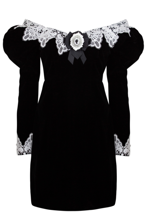 Платье "Барокко", мини, чёрное, бархат, с белым кружевом, с брошью "Камея", открытые плечи