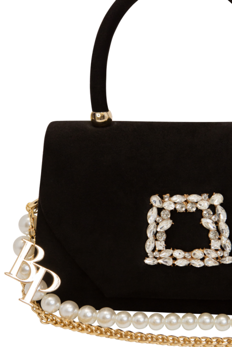 Сумка - клатч черная с брошью из страз, жемчуг