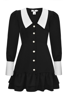 Платье "Элайна" черное, белый воротник и манжеты, на завязках по спинке