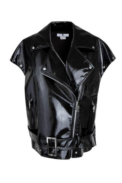 Куртка - косуха - жилет "Рассел" черная, эко-кожа ЛАК, имитация подтяжек