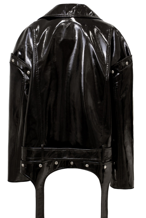 Куртка - косуха - жилет "Рассел" черная, эко-кожа ЛАК, имитация подтяжек