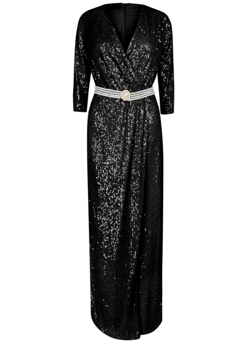 Платье "Сисиль", макси, чёрное, на запах + пояс из жемчуга, пайетки