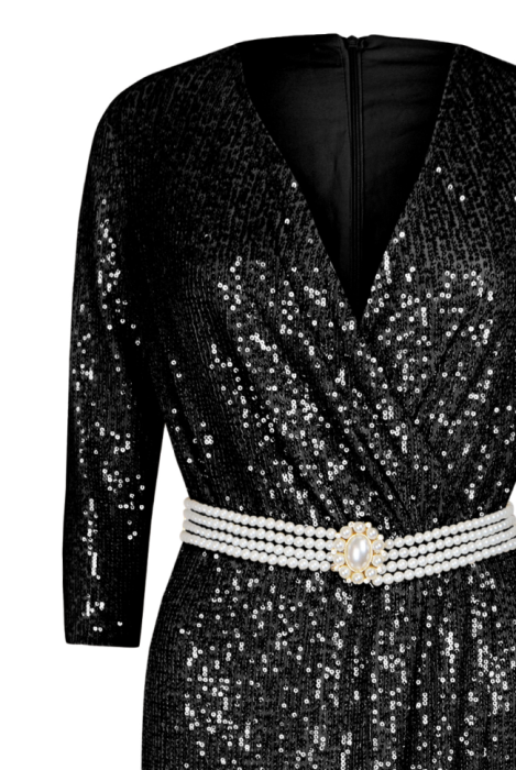 Платье "Сисиль", макси, чёрное, на запах + пояс из жемчуга, пайетки