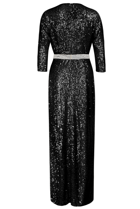 Платье "Сисиль", макси, чёрное, на запах + пояс из жемчуга, пайетки
