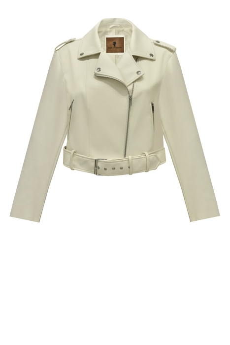 Куртка - косуха "Кенсли" молочная, эко-кожа, пояс на кнопках