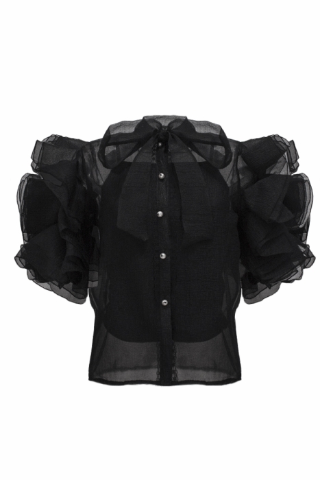 Блуза "Бэрри" черная, фатин, воланы на рукавах, с бантом