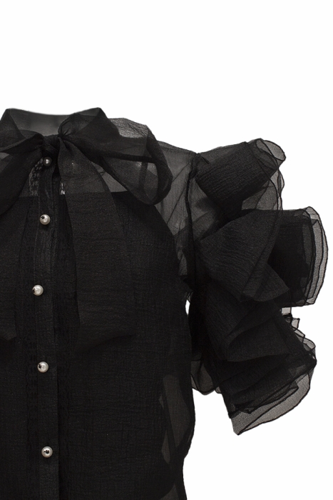 Блуза "Бэрри" черная, фатин, воланы на рукавах, с бантом